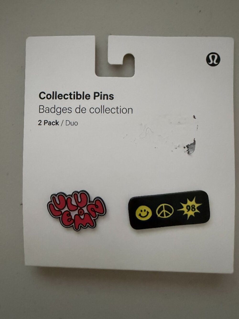 Rare Lululemon Collectible Pins 2-Pack Duo - Pink Bubble Logo & Retro Symbols